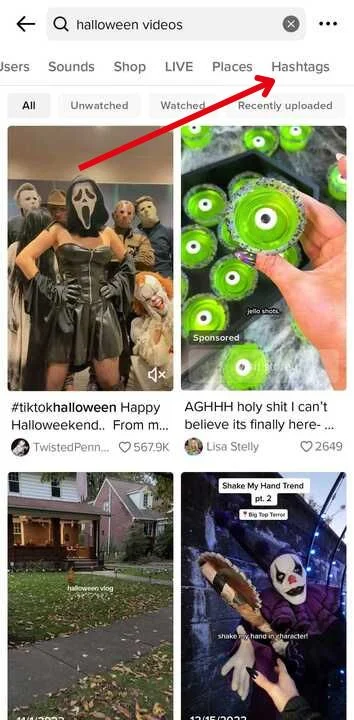 TikTok search results page showing six categories: Top, Users, Videos, Sounds, LIVE, and Hashtags, after entering a keyword