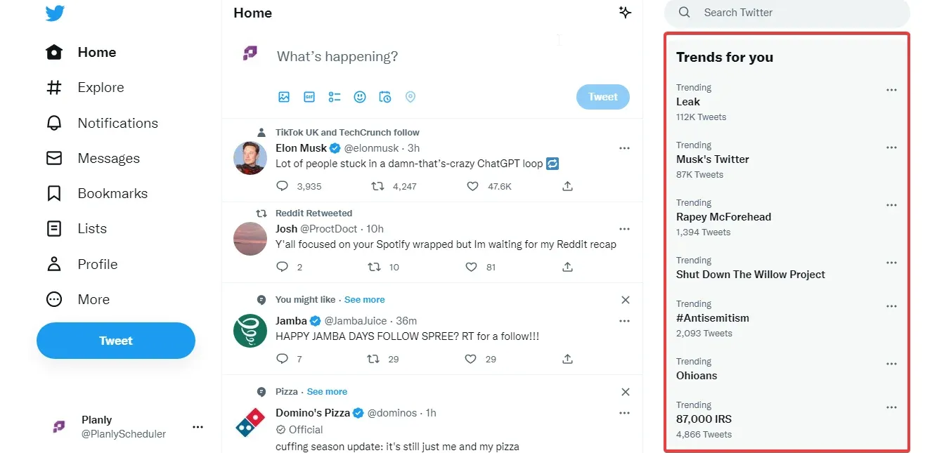 Screenshot of Twitter on desktop, highlighting the display of hashtags within tweets, showcasing trending topics, and illustrating how hashtags are used to categorize content and increase visibility