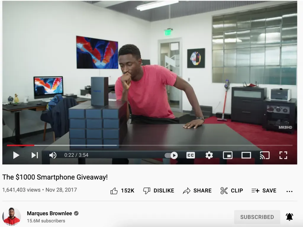 YouTube video featuring Marques Brownlee collaborating with dbrand to give away 50 smartphones, including 25 Galaxy Note 8s and 25 iPhone Xs, showcasing engaging content and brand partnership