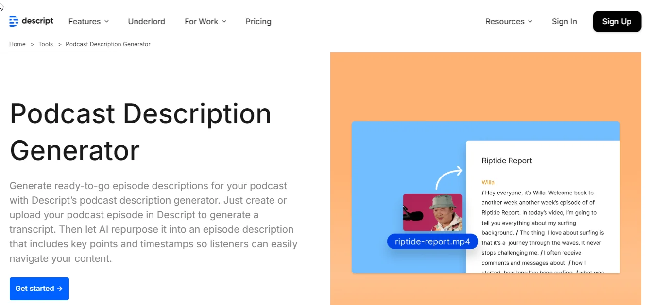 descript podcast description generator