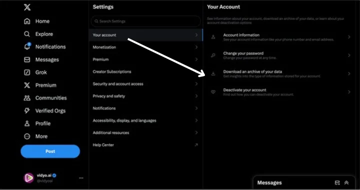 Screenshot highlighting the option to Download an archive of your data in the X account settings, with a button ready to be clicked to proceed with the download.