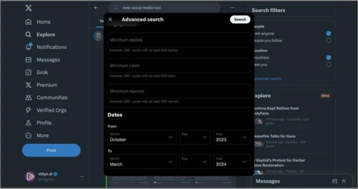 Screenshot illustrating the enhancement of search parameters in X's Advanced Search, showing fields for specific words, phrases, hashtags, and date ranges, with the example of searching for posts from @vidyoai between February 3, 2023, and May 1, 2024.