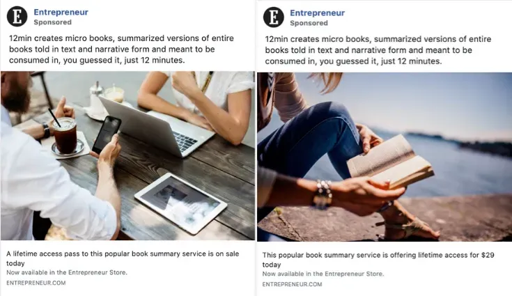 Two versions of an Entrepreneur-sponsored post for A/B testing