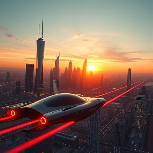 A futuristic city skyline at sunset, with glowing skyscrapers and flying cars zooming past in a sci-fi inspired scene. The vibrant colors of the sunset add a dramatic backdrop, creating an otherworldly atmosphere.