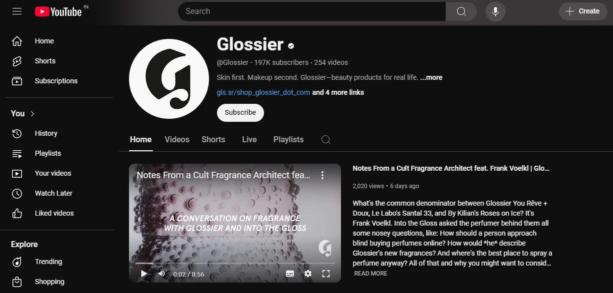 A visual overview of Glossier's marketing on YouTube. It emphasizes targeting young women aged 18-34, with Pinterest offering beauty inspiration, Instagram enhancing community engagement, TikTok connecting with Gen Z through relatable content, and YouTube providing detailed tutorials and influencer collaborations for beauty enthusiasts.