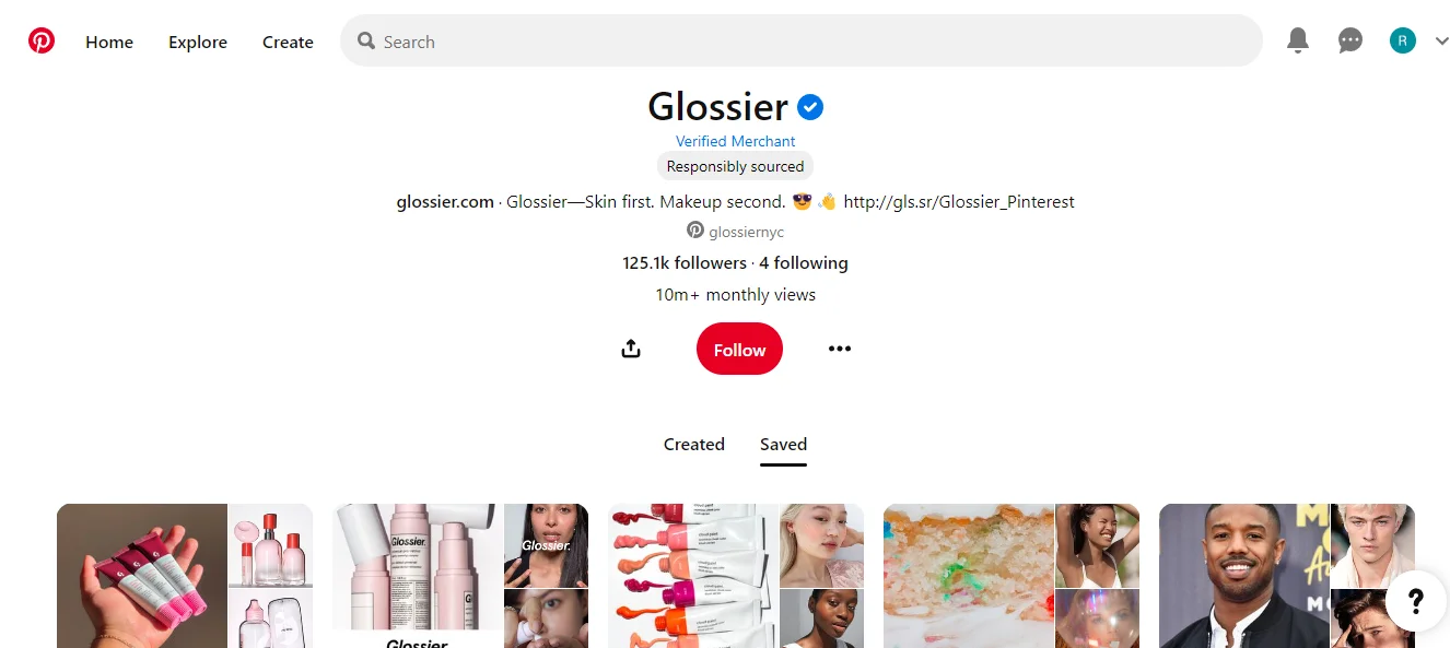 An infographic showcasing Glossier's marketing across Pinterest. It highlights how these platforms target young women aged 18-34, with Pinterest offering beauty inspiration and Instagram enhancing community engagement through curated visuals and Stories.