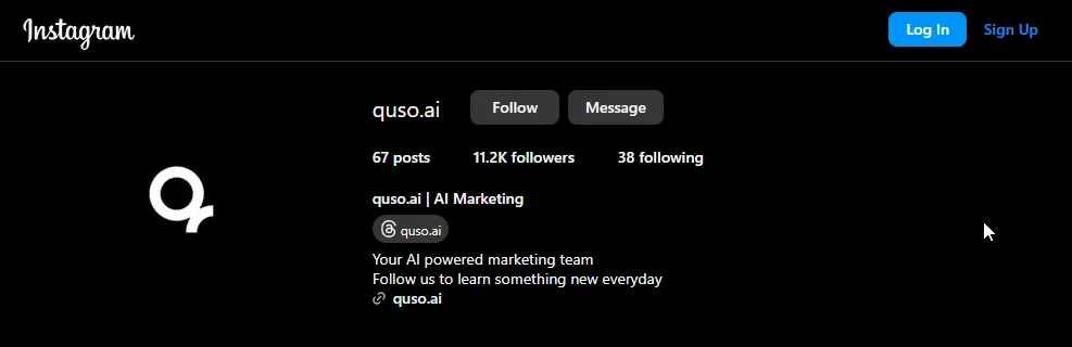 Screenshot of the Instagram bio for quso.ai, highlighting its key offerings and focus on AI technology for video content.