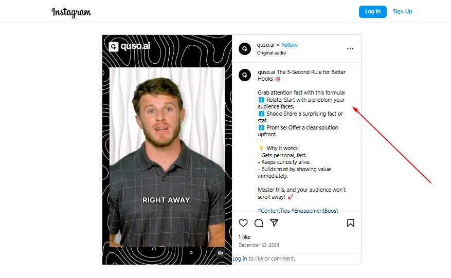 Screenshot showcasing an example caption on Instagram, illustrating how users engage with their audience through text and hashtags