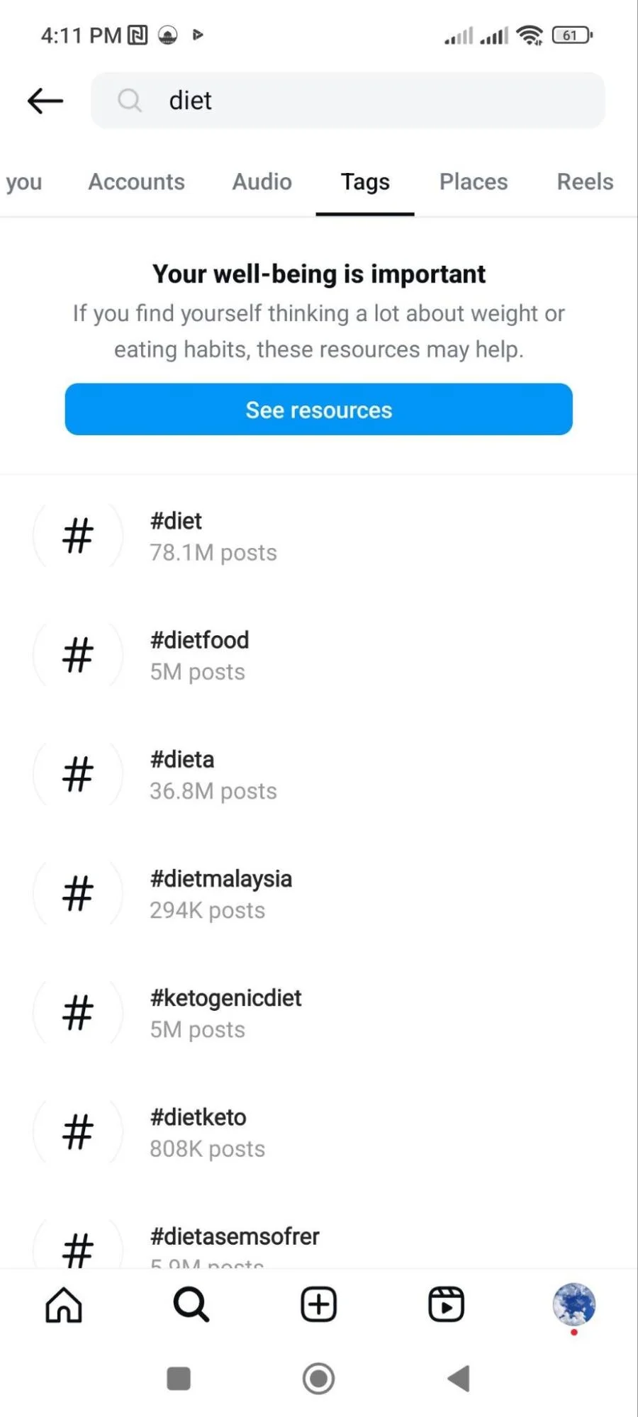 instagram search bar hashtags