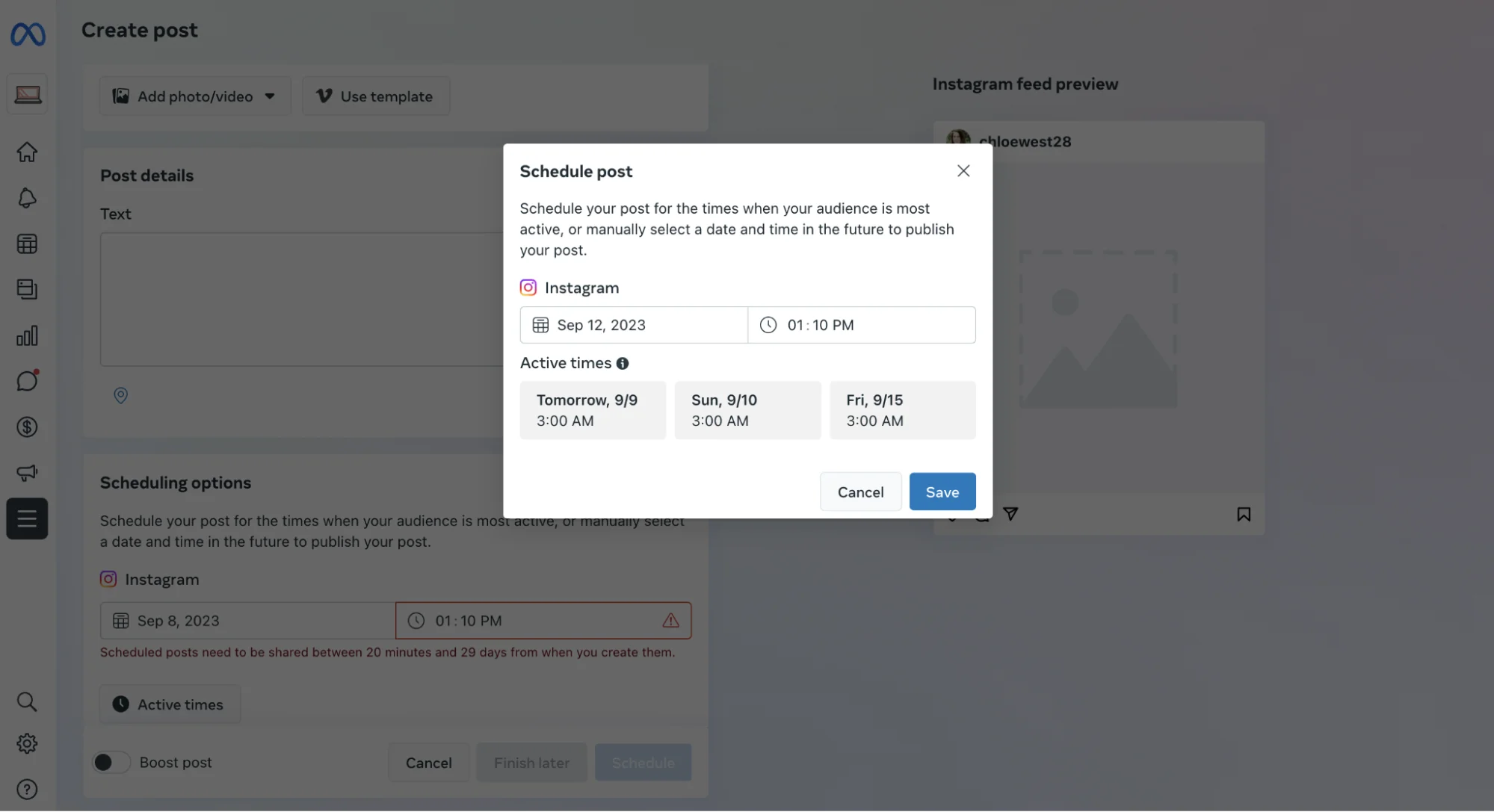 meta business suite add time schedule