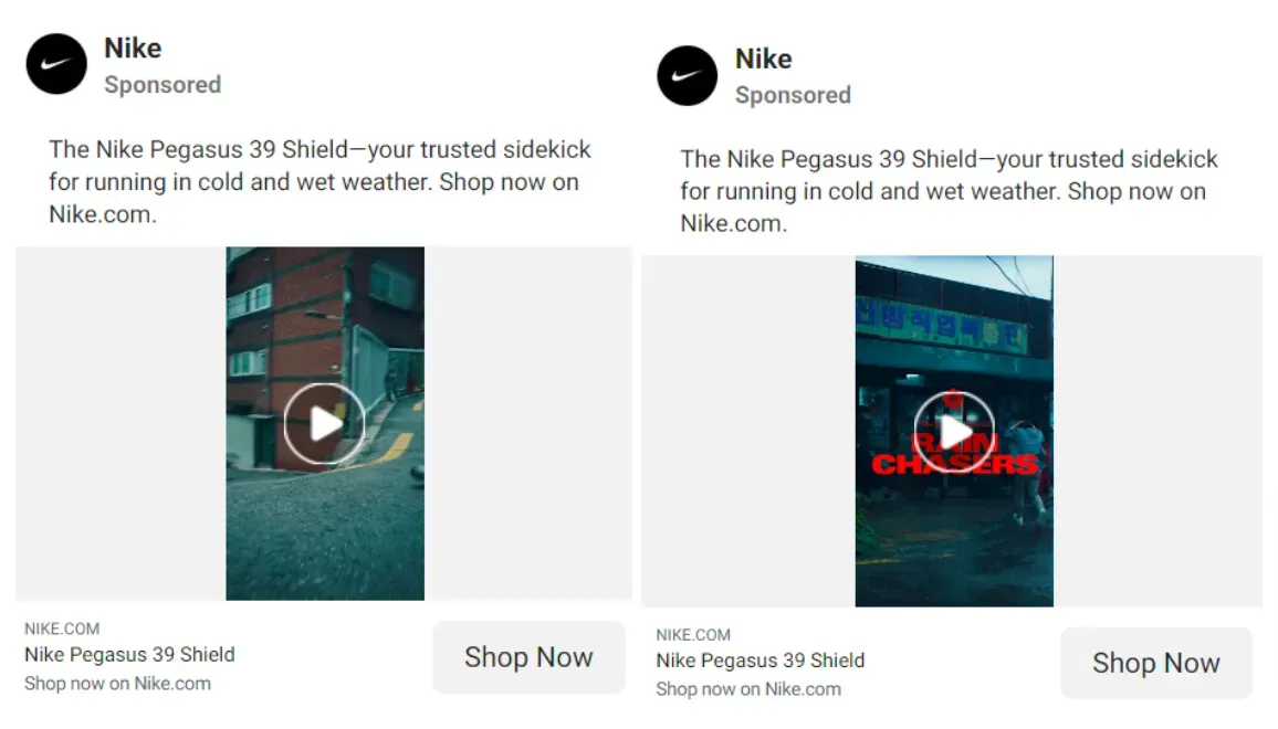 Two versions of a Nike-sponsored post for A/B testing