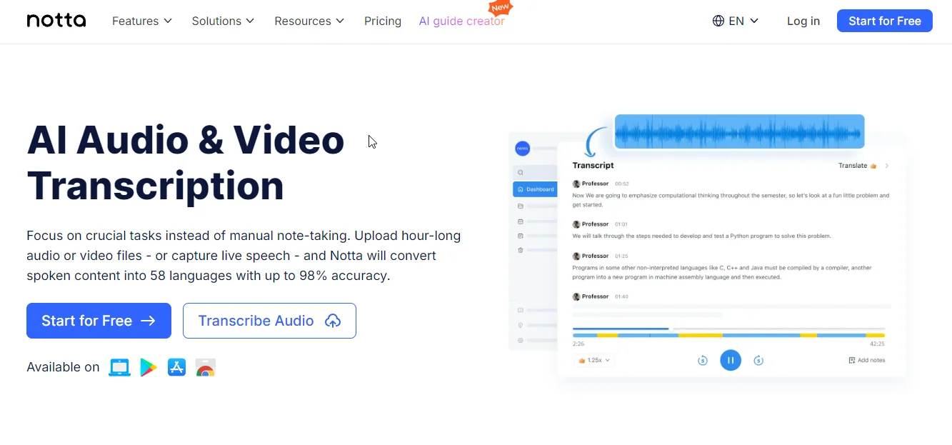 notta video transcript tool