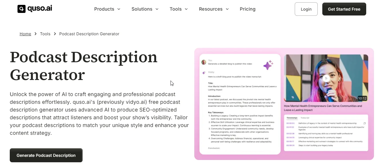 quso.ai podcast description generator