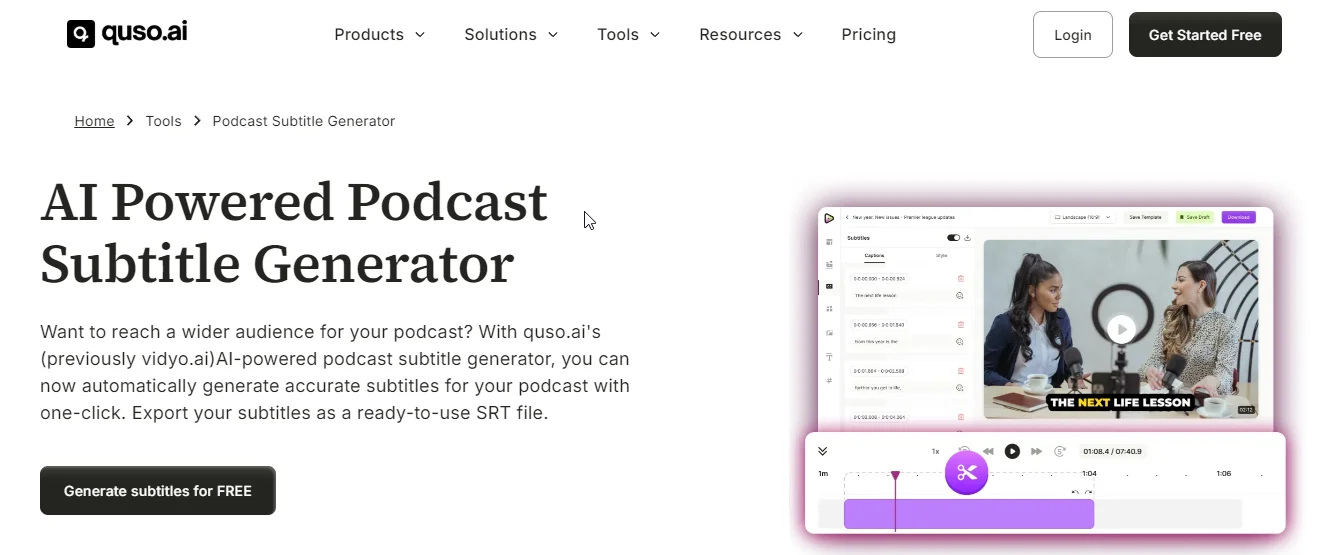 quso.ai podcast subtitle generator