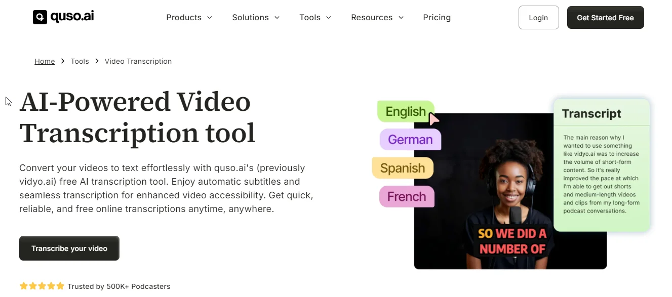 quso.ai video transcript tool