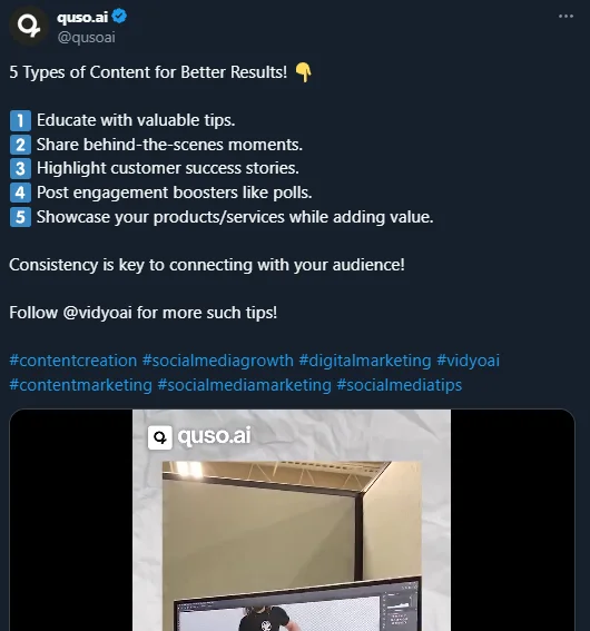 quso.ai tweet showcasing effective use of hashtags to enhance visibility and engagement in social media posts