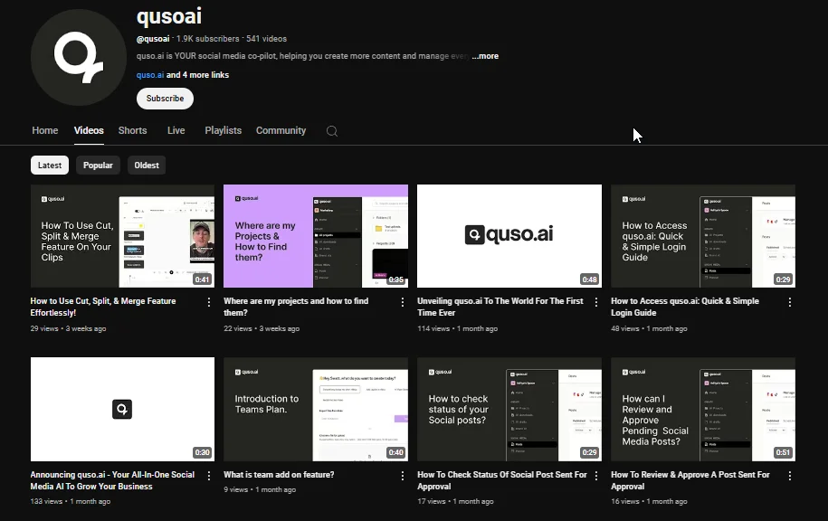 quso.ai YouTube channel highlighting engaging visual content in videos, thumbnails, and banners to enhance content reach and viewer engagement