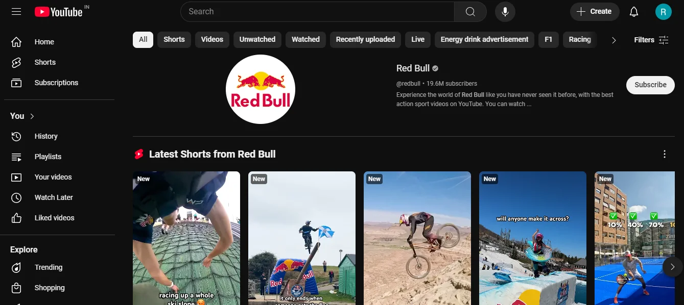 An image illustrating Red Bull's diverse video marketing strategy, showcasing clips of extreme sports and lifestyle documentaries. The visual captures the brand's adventurous spirit and appeal to viewers interested in adrenaline-fueled experiences and engaging storytelling.