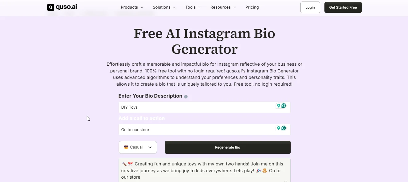 result in quso.ai instagram bio generator