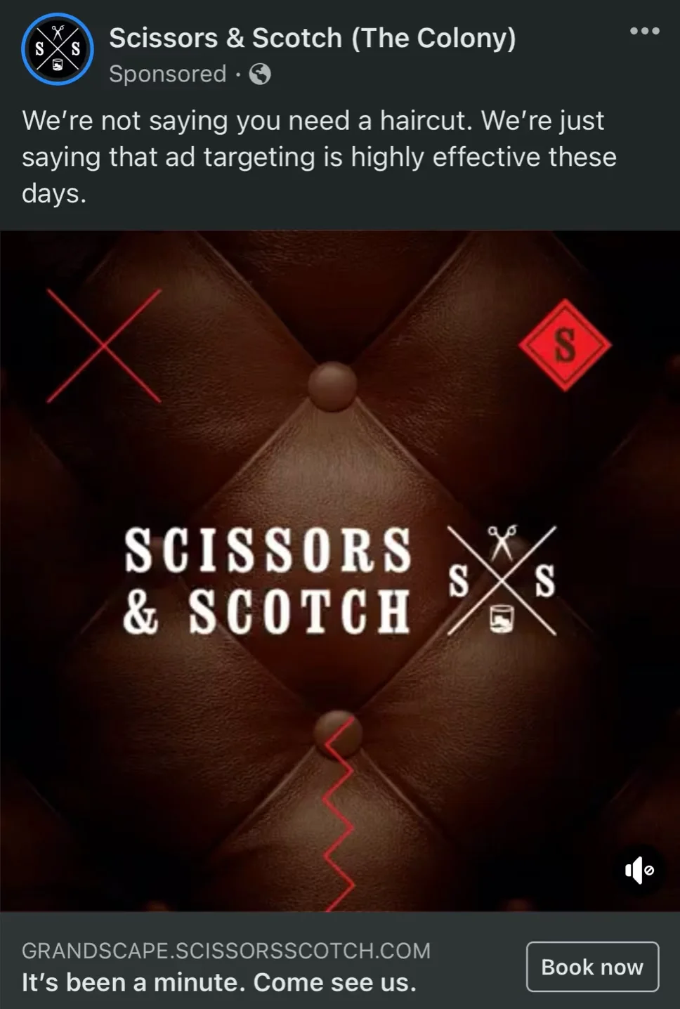 A self-aware Facebook ad from Scissors and Scotch, showcasing their luxury men's grooming products. The ad humorously highlights social media targeting accuracy while promoting their services, featuring an eye-catching design that captures attention.