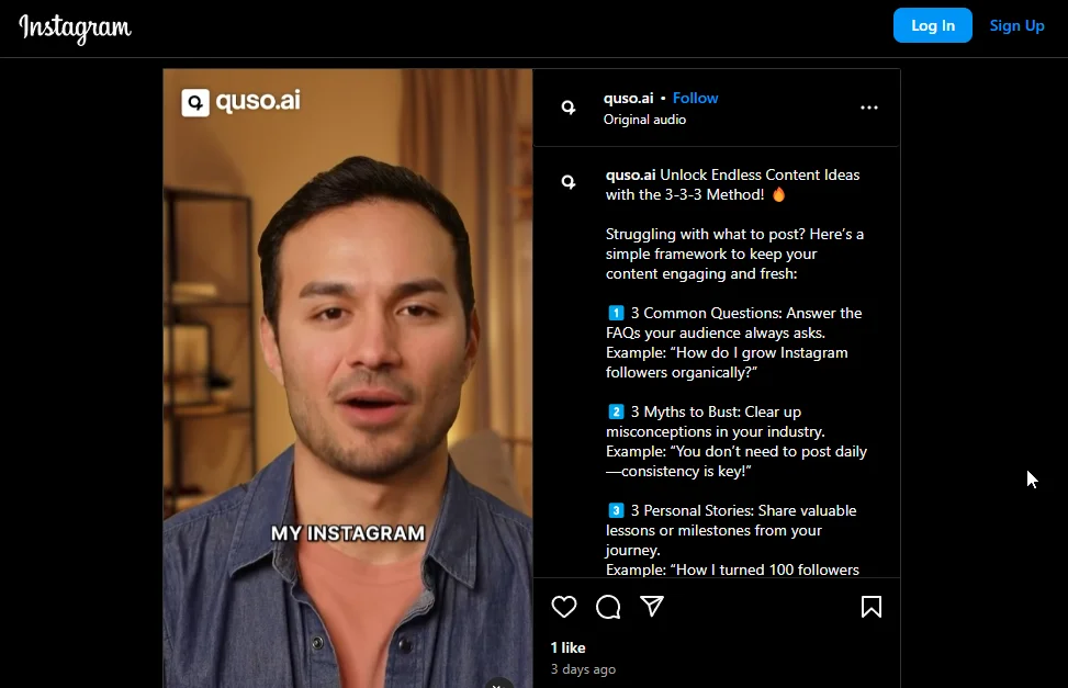 Screenshot from the Instagram profile @quso.ai, showcasing an example of user engagement through likes on a post, highlighting audience interaction