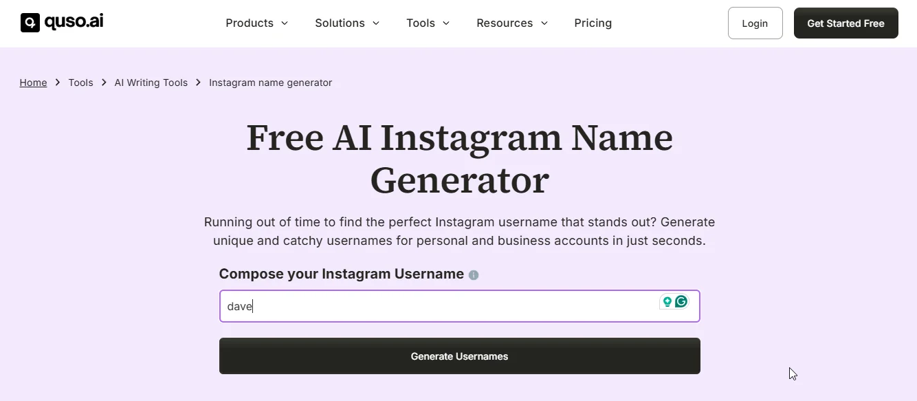 enter keywords or niche - quso ai instagram name generator