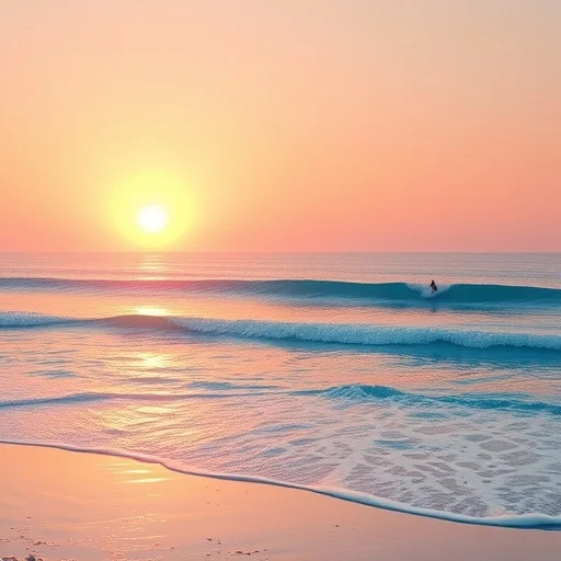 A serene beach at sunrise with crystal-clear water gently lapping at the shore. A lone surfer gracefully rides the calm waves, surrounded by the soft glow of the early morning light, creating a peaceful and wellness-inspired atmosphere.