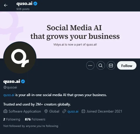 Screenshot of the Twitter bio for quso.ai, showcasing its mission and focus on AI-driven solutions