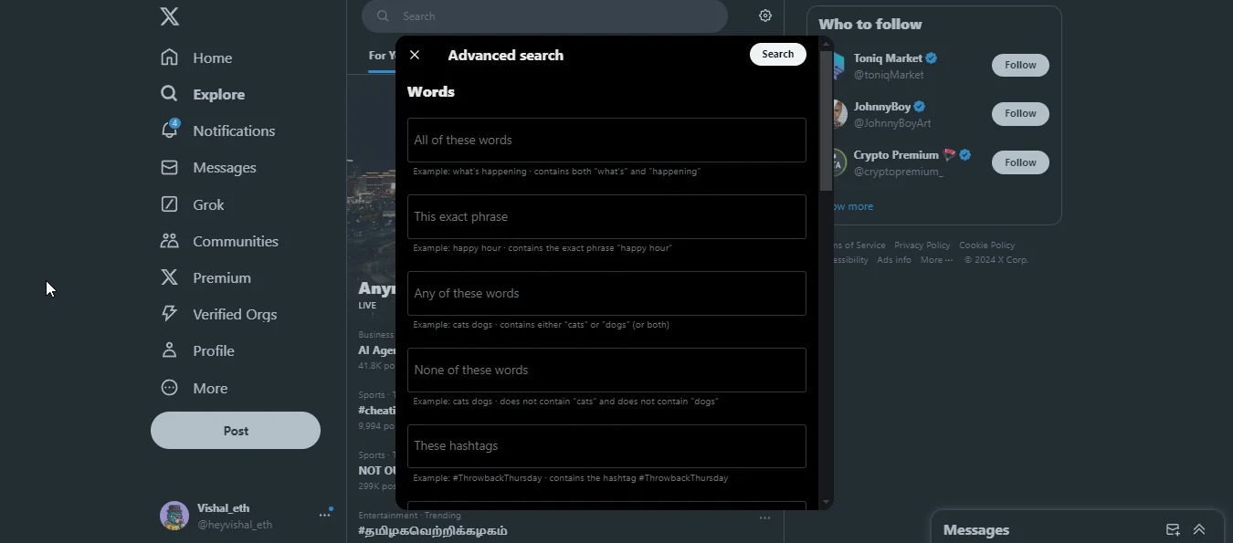 Screenshot showing the process of logging into an X account, with a focus on navigating to the Advanced Search page.