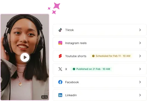 vidyo.ai’s social media post scheduler interface showing one-click scheduling to platforms like TikTok, Instagram, YouTube Shorts, Facebook, LinkedIn, and Twitter