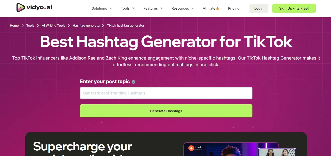 vidyo AI TikTok Hashtag Generator tool page, showing the search bar where users can input keywords to generate trending hashtags