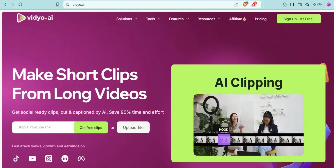 Screenshot of the homepage of vidyo.ai featuring the call-to-action: 'Get Free Clips or Upload Files