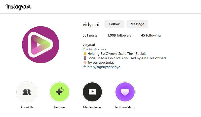 Screenshot of the Instagram bio for vidyo.ai, highlighting its key offerings and focus on AI technology for video content.