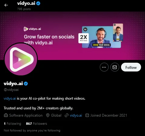 Screenshot of the Twitter bio for vidyo.ai, showcasing its mission and focus on AI-driven video solutions