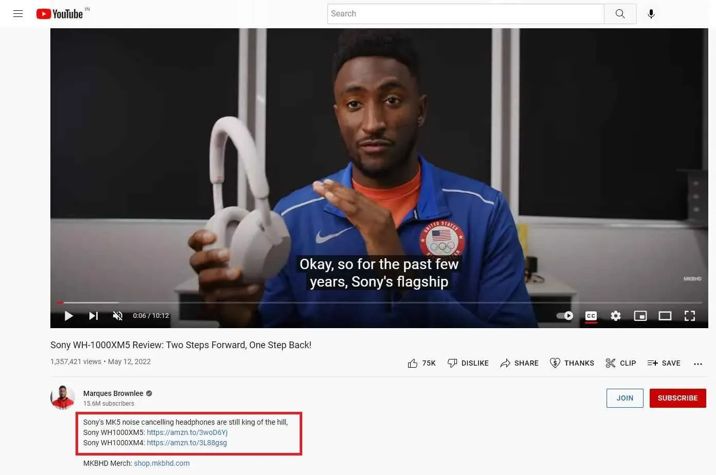 Screenshot of Marques Brownlee's YouTube video description featuring affiliate links as an example of affiliate marketing